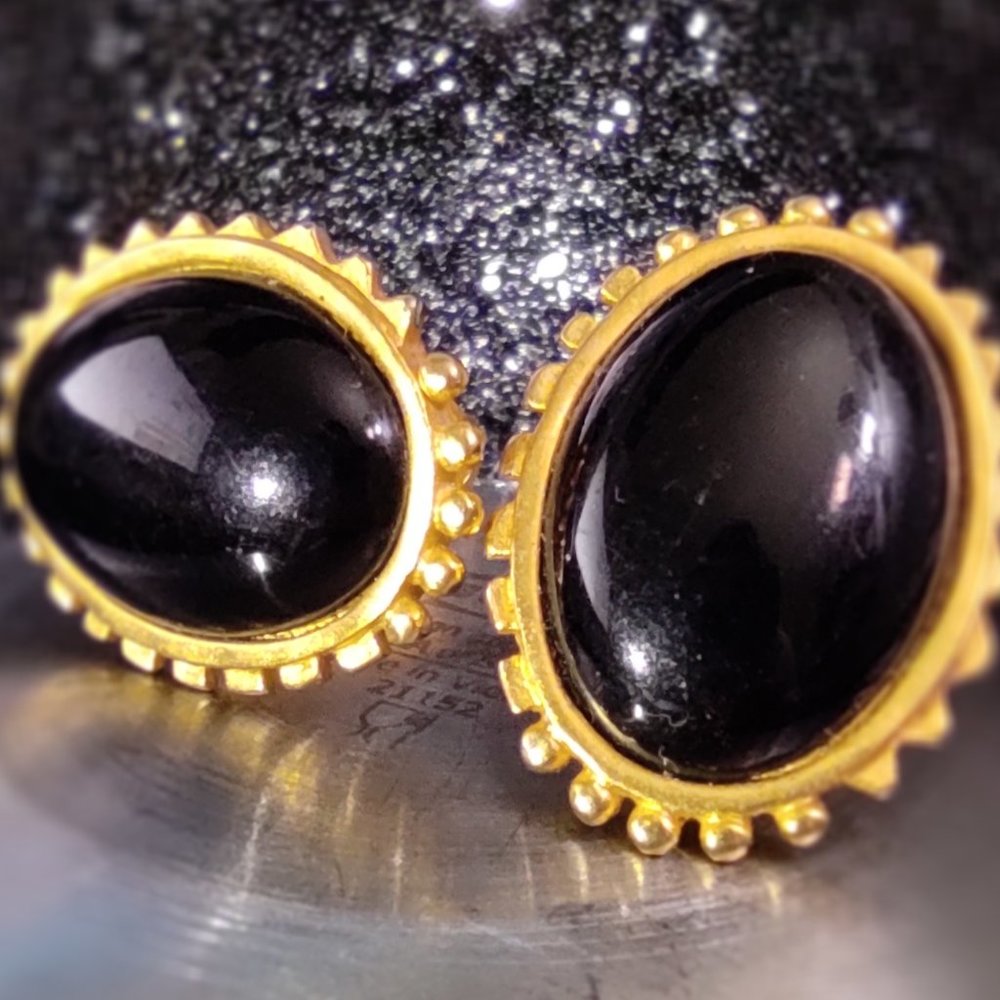Vintage Karl Lagerfeld Jewelry Black and Gold large clip on earrings